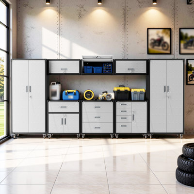8-Piece Garage Storage Systems Set, Metal Garage Storage Cabinets with Wheels, 3 Wall Mounted Cabinets + Rolling Cabinets + 2 Tall Pegboard Cabinets, Lockable Tool Chest Organizer