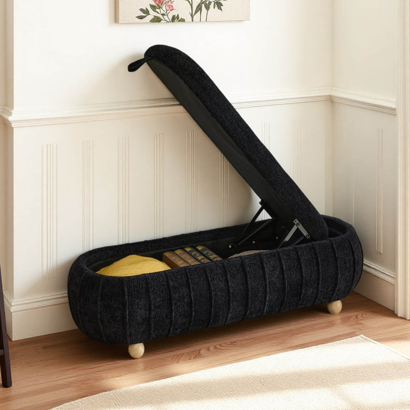 Banc d'appoint ovale rembourré de 55 pouces avec rangement, couvercle rabattable et pieds en bois massif, Noir