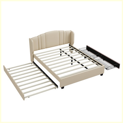 Lit plateforme tapissier avec tête de lit à oreilles, un lit gigogne simple et 2 tiroirs, aucun sommier nécessaire, tissu en lin, grand