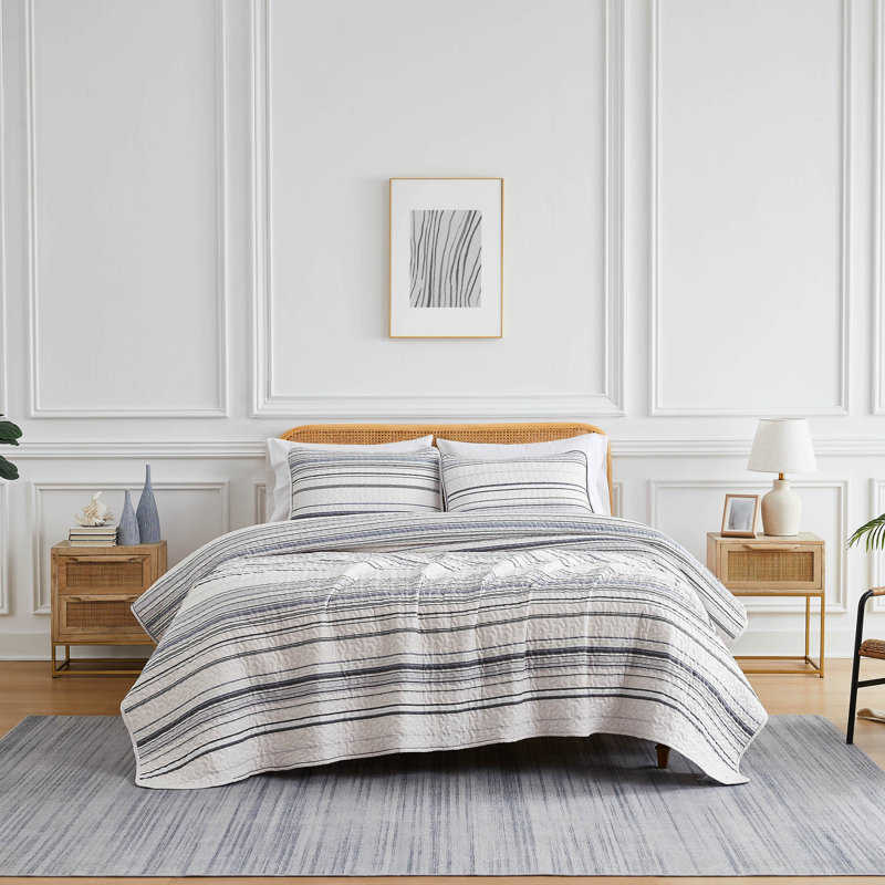 Coastal Stripes Collection Reversible Quilt Set, Gray, Twin Quilt + 1 Standard Sham