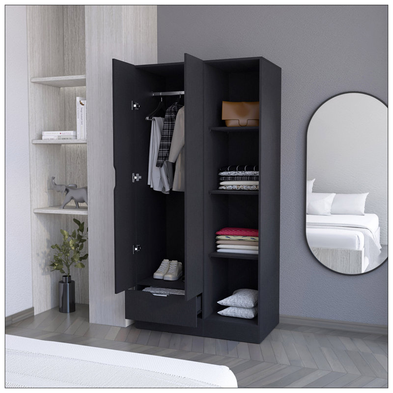 Armoire Redmond avec tiroir simple, 4 tablettes de rangement et tringle