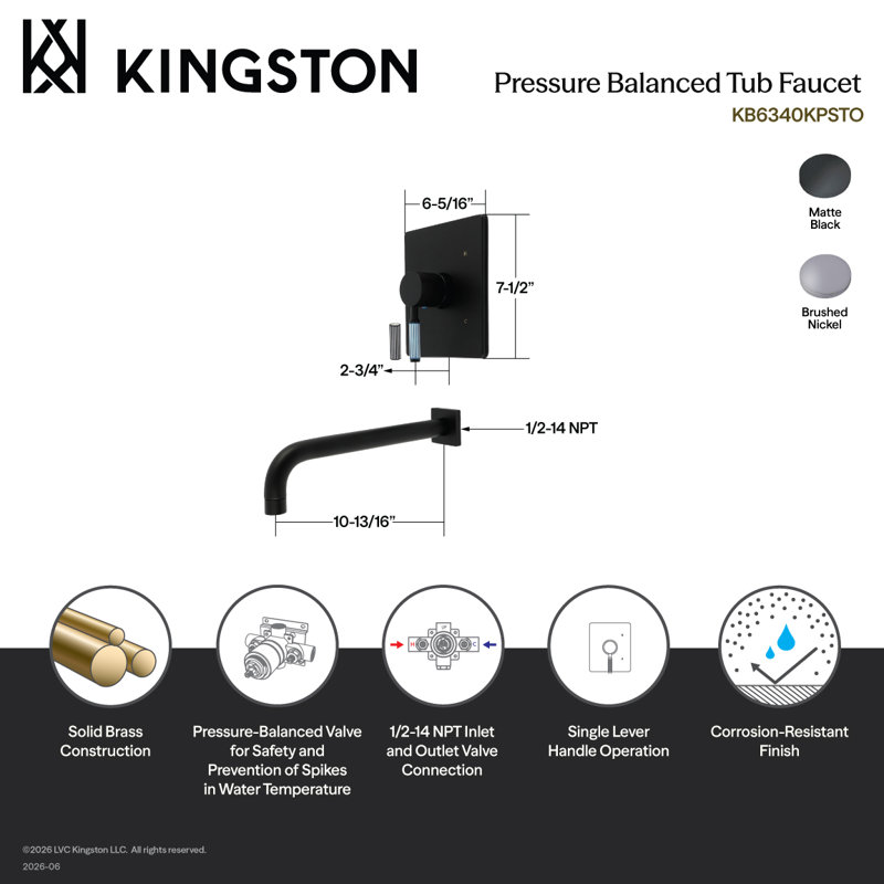 Robinet de baignoire à pression équilibrée à poignée simple Kingston Brass Verona, Nickel brossé