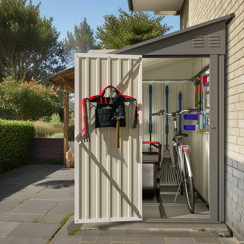 4' X 8' Lean-To Garden Shed,Metal Outdoor Storage Shed,Lockable Tool Storage, Gray