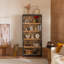 Vitrine en bois de frêne avec 2 portes en verre rétro - moderne, tablettes réglables et charnières amortissantes pour portes de bibliothèque style Mid-Century avec poignées en métal et rangement pour le salon-1278298396