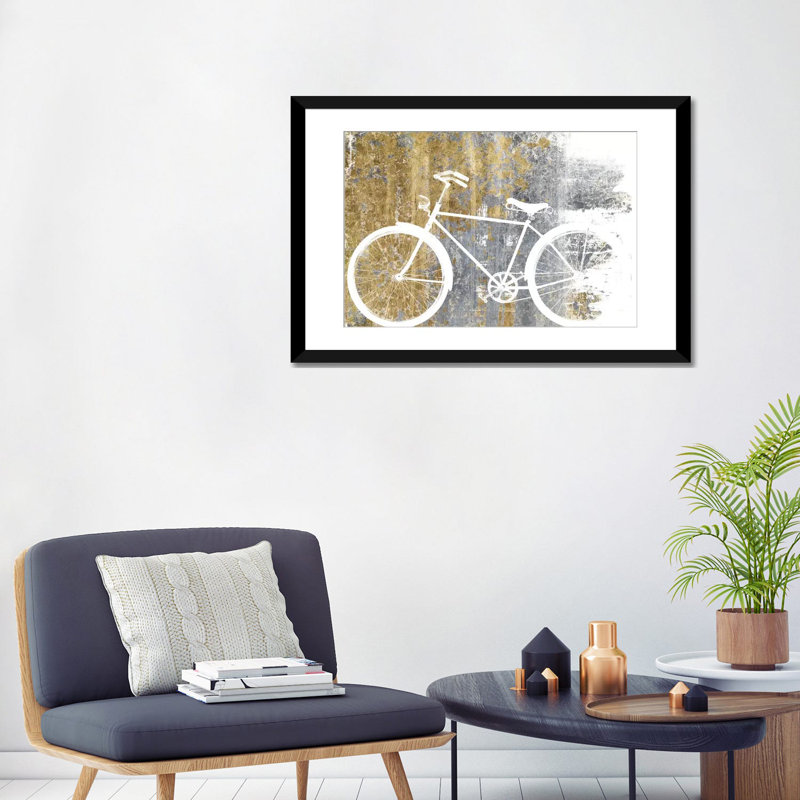 «Gilded Bicycle», impression sur toile tendue, H 24 po x l 32 po x P 1 po, Papier d'art encadré noir, Blanc