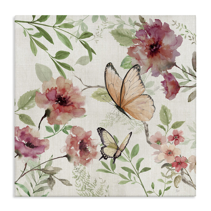 Papillons sur toile de fleurs de chalet sauvages, design par Nan, H 17 po x l 17 po