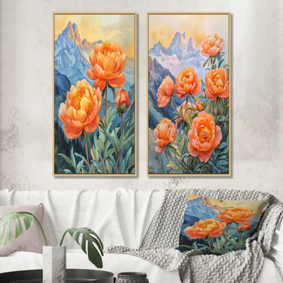 Pivoines d'été et le lever du soleil I - Collection d'art mural floral 2 panneaux