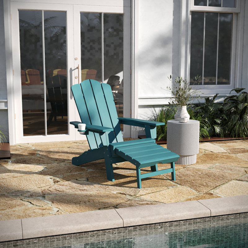Collis All-Weather HDPE Indoor/Outdoor Adirondack Chair with Cup Holder and Pull Out Ottoman, Blue