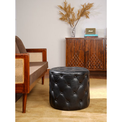 Handmade Eco-Friendly Solid Handmade Wood & Leather Round Ottomon