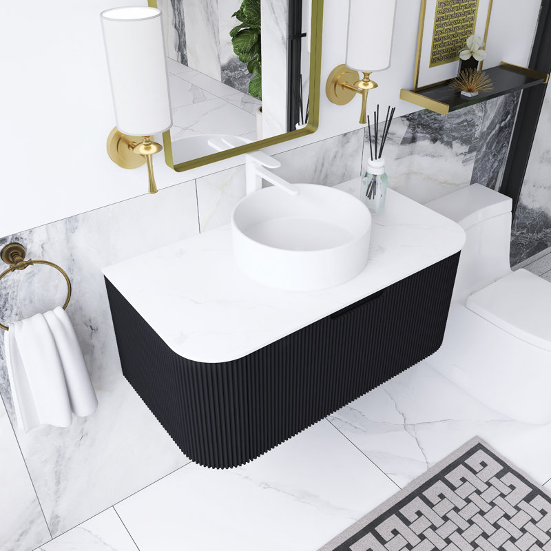 36 po W Meuble-lavabo mural simple noir avec lavabo blanc