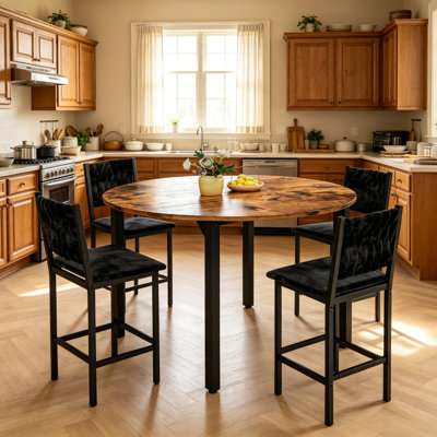 Ensemble de 4 tables de bar à hauteur de comptoir Modern, ensemble de table à manger rond pour 4 personnes avec pieds robustes en métal, tabourets de bar rembourrés de velours capitonné à motif de losanges, choix de tables multi-finitions pour la cuisine, coin repas