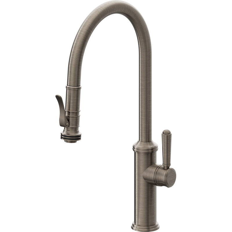 Davoli Pull-Down Kitchen Faucet with Squeeze Sprayer - High Arc Spout, Antique Nickel Flat, Modern Lever