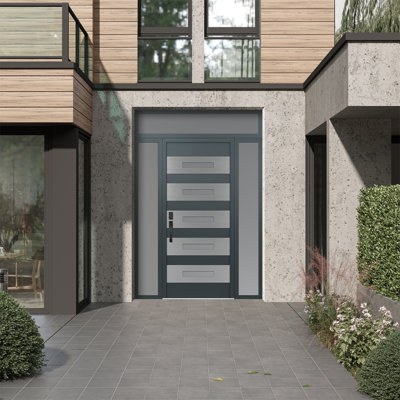 D9 68 po à droite X 96 po Panneau en acier argenté anthracite et verre givré anthracite avec 2 portes d'entrée latérales et porte avant en verre givré