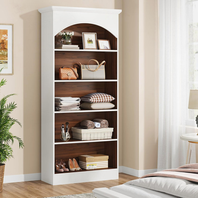5-Tier White & Oak Vintage Library Bookcase, (5 Shelves) 70.87"H x 31.5"W x 11.81"D 