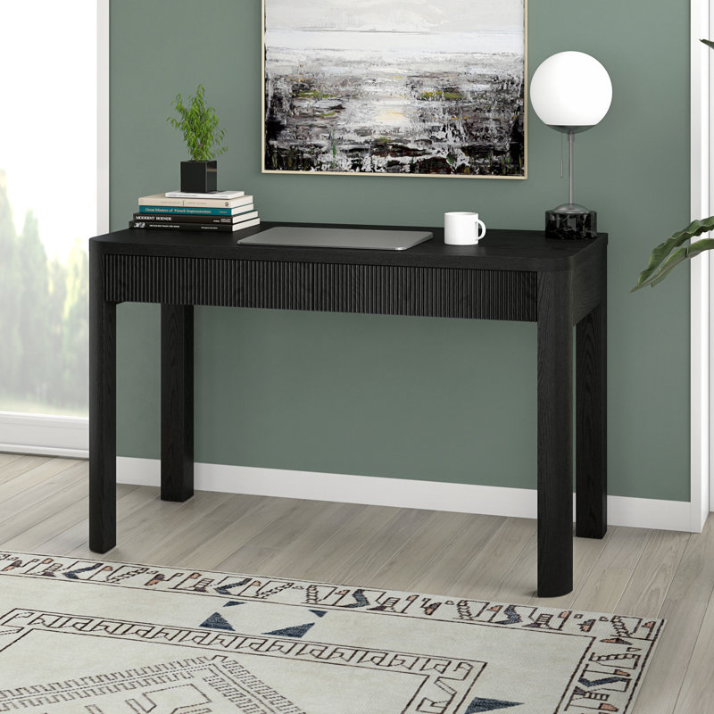 47.5" Wide Fluted Desk with Soft-Glide Drawers — Black Grain Scandinavian MDF Writing Desk for Home Office | Gardeina