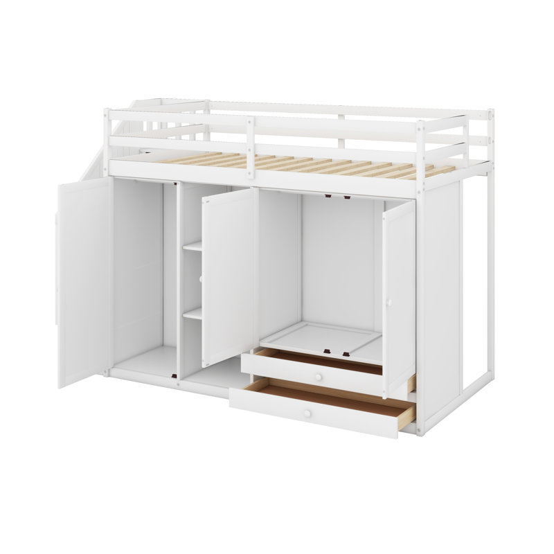 Lit mezzanine simple avec 3 tablettes, escalier de rangement, 2 armoires et 2 tiroirs, Blanc