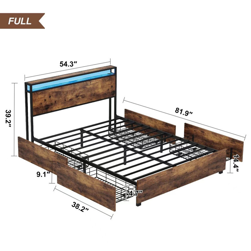 Lit de rangement avec station de charge, Brun rustique, King