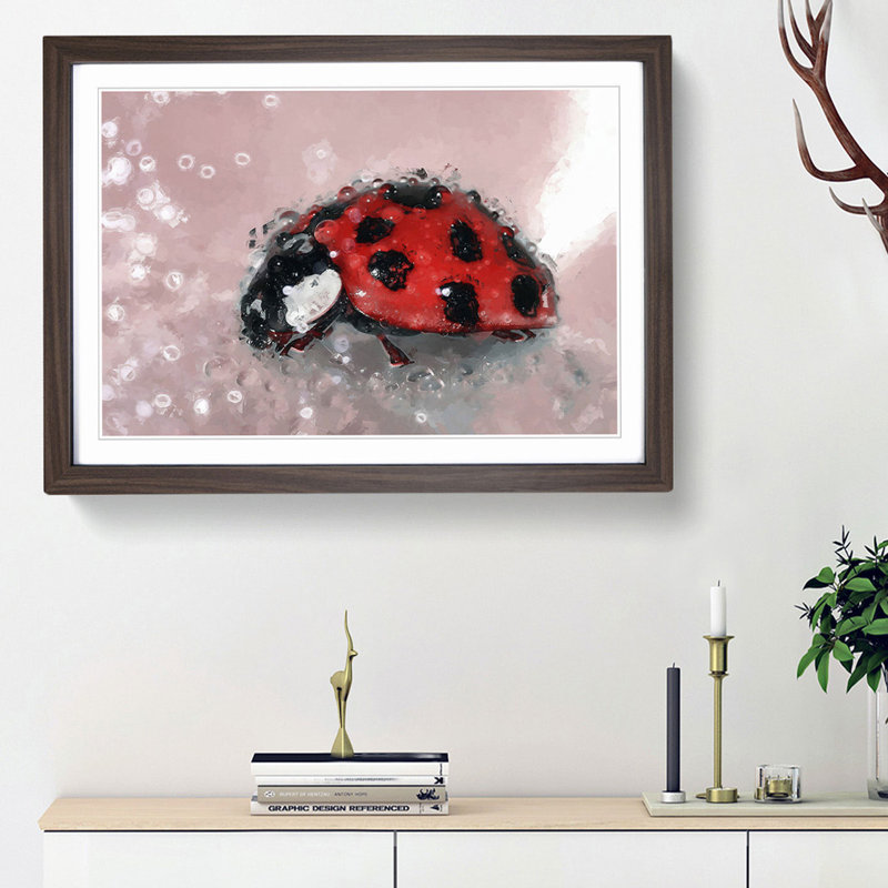 Red Ladybird Insect on a Pink Petal in Abstract - Picture Frame Painting Print, Walnut Framed, 27cm H x 36cm W x 2cm D