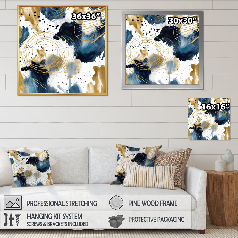 Motif abstrait avec textures bleues et dorées I, Cadre simple noir, H 36 po x l 36 po x P 1,5 po