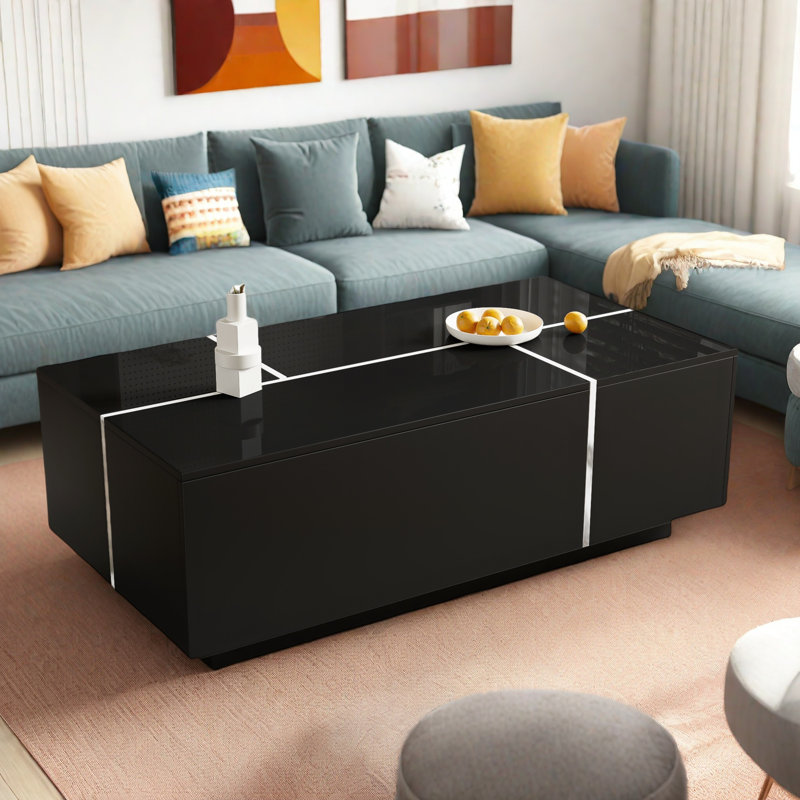 Table basse extensible avec finition ultrabrillante, 2 espaces de rangement cachés, 2 tiroirs et bords contrastants, Noir