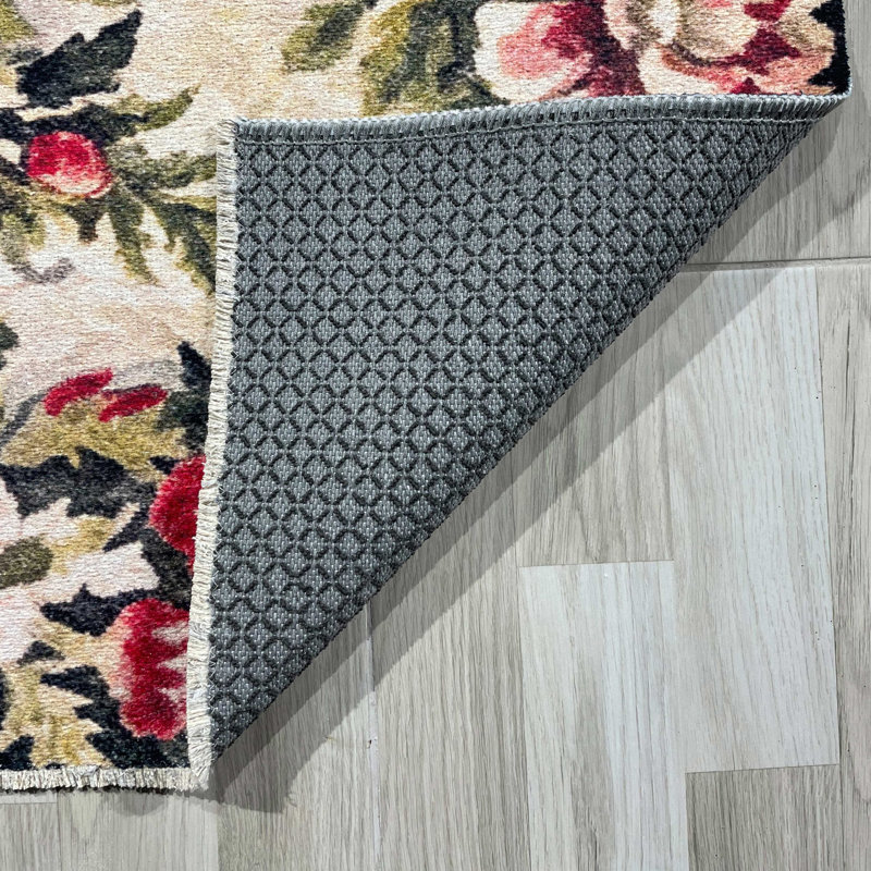 Tapis en chenille de coton à motif floral rose, vert, noir et rétro, Tapis de couloir 2 pi 8 po x 8 pi 3 po