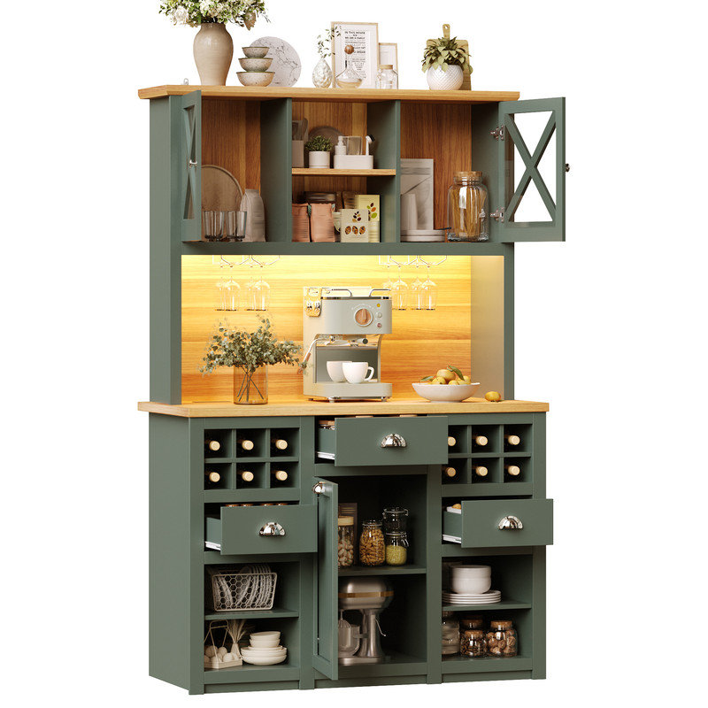 Green Tall Kitchen Cabinet with Glass Doors & LED Lighting, Sideboard with Wine Rack, Adjustable Shelves, Modern Storage
