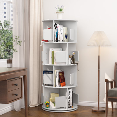  51.18"H × 15.75" H 4-tier Rotating Bookcases Tower White, Wooden Spinning Bookshelves 360° Rotation Display, Revolving Bookcase Storage Round Carousel, Corner Free Standing Shelf For  Book 