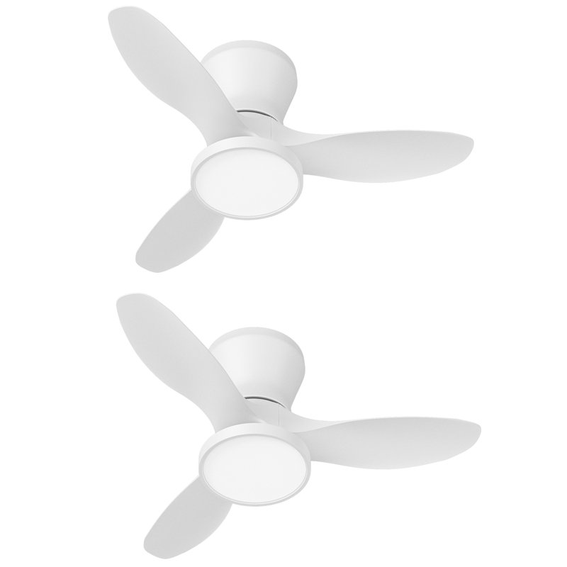 2pcs 32'' Blade Led Flush Mount Ceiling Fan With Remote Control And Light Kit Included, White