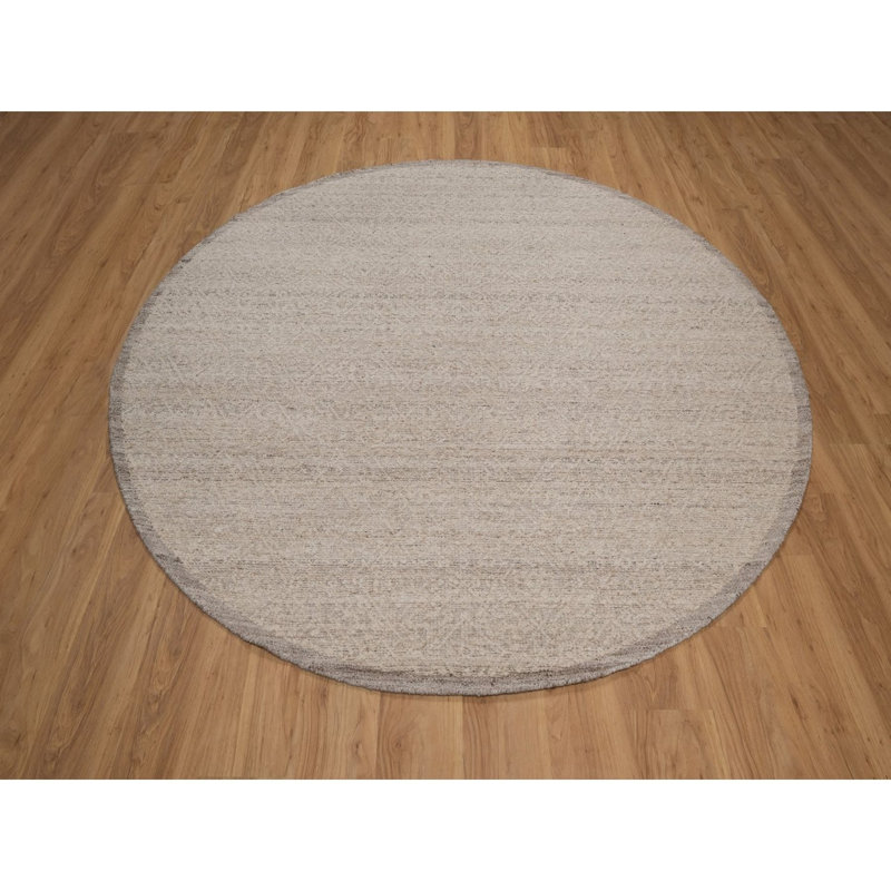 Tapis brun castor 8 pi x 8 pi, motif moderne panaché noué à la main, laine naturelle non tissée, tissage plat empilé, ton sur ton, texturé, rond, tapis oriental