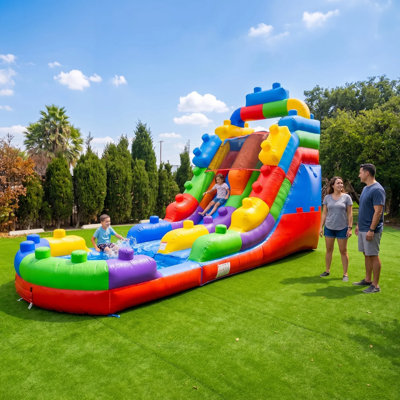 HeroKiddo Block Party 26' Inflatable Water Slide with Attached Splash Pool, Building Block Design & Wet/Dry Play for Kids, Includes Blower