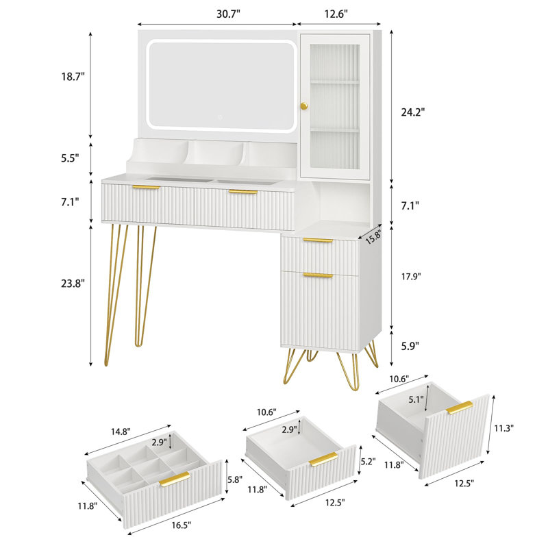 Bureau de maquillage avec miroir lumineux à DEL et tiroirs