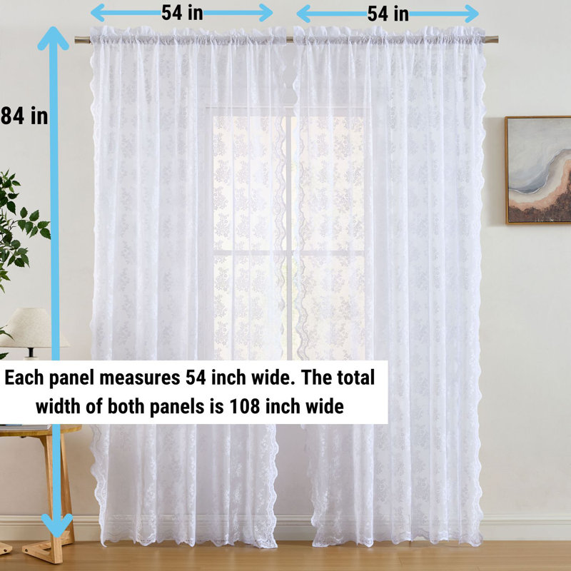 Palomares Floral Soft Decorative Lace Semi Sheer Light Filtering Rod Pocket Window Treatment Curtain, White, 54" W x 96" L