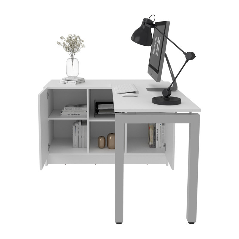 Bureau pivotant blanc avec plateau de 183 cm (72 pouces) pour bureau à domicile, design ajustable, rangement, poste de travail large et moderne aspect noyer, utilisable de deux façons, structure blanche en bois d'ingénierie