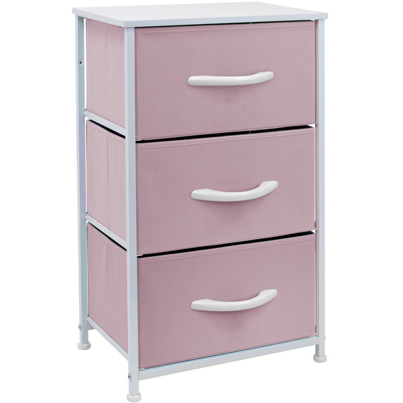 Sorbus 3 Drawers Nightstand with Steel Frame and Wood Top, Pink/White