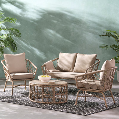 4 Pcs Elegant Outdoor Wicker Furniture Set with Loveseat, 2 Chairs, and Round Coffee Table, Soft Cushions for Maximum Comfort, Perfect for Patio, Bei