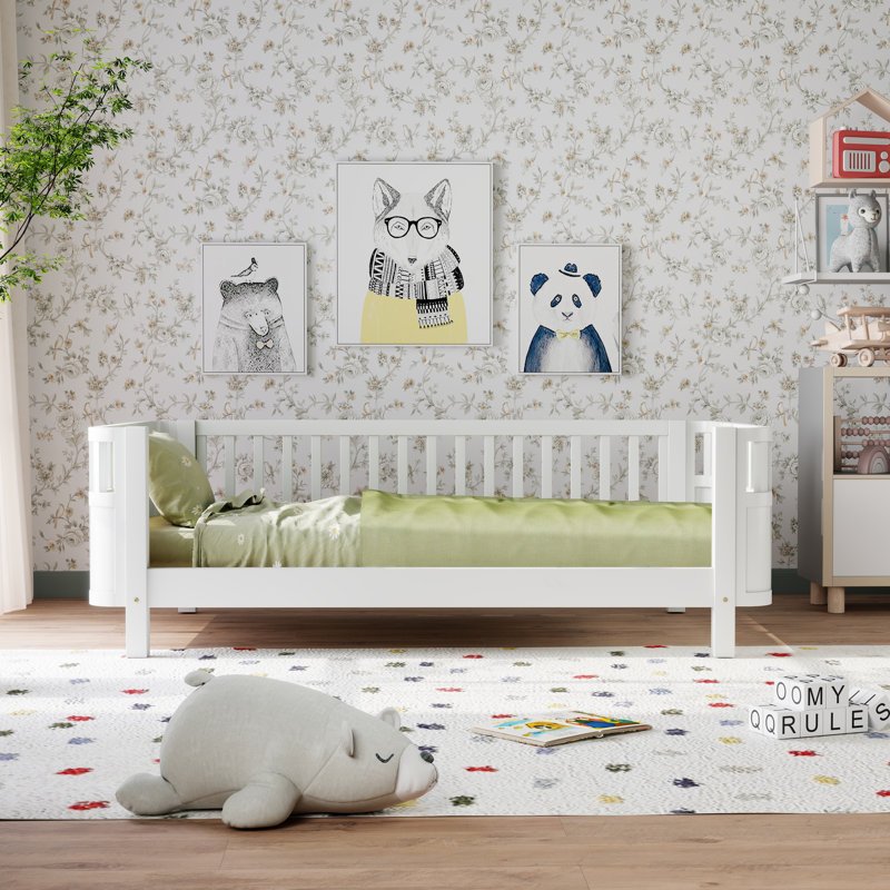 Lit plateforme double en bois pour enfants, lit simple en bois à profil bas avec garde-corps (matelas non inclus), Lit double