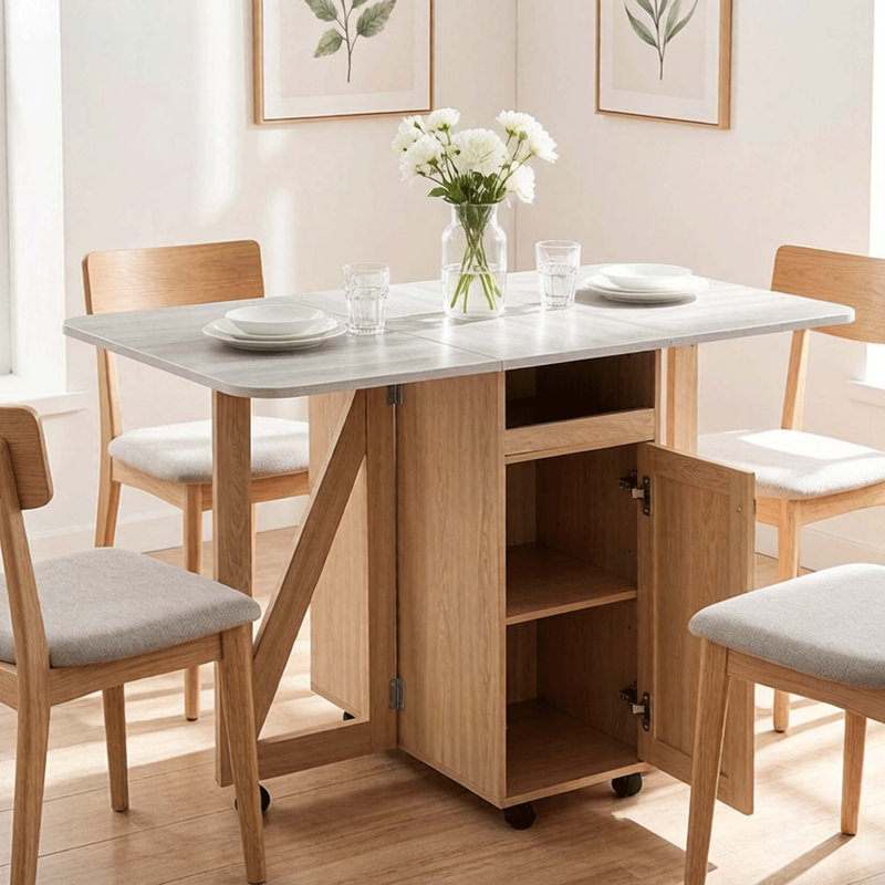 Table de salle à manger pliable avec abattant et rangement pour économiser de l'espace, Ardoise / chêne clair