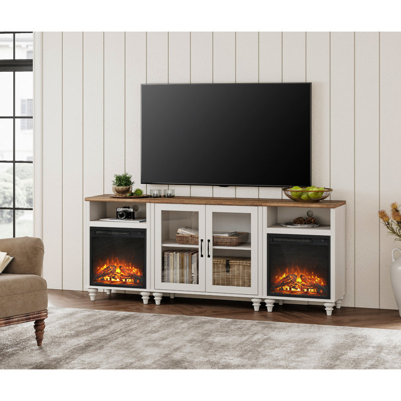 Meuble télé avec 2 portes en verre pour téléviseur 43/65/75 po, centre de divertissement avec deux foyers électriques de 18 po, blanc