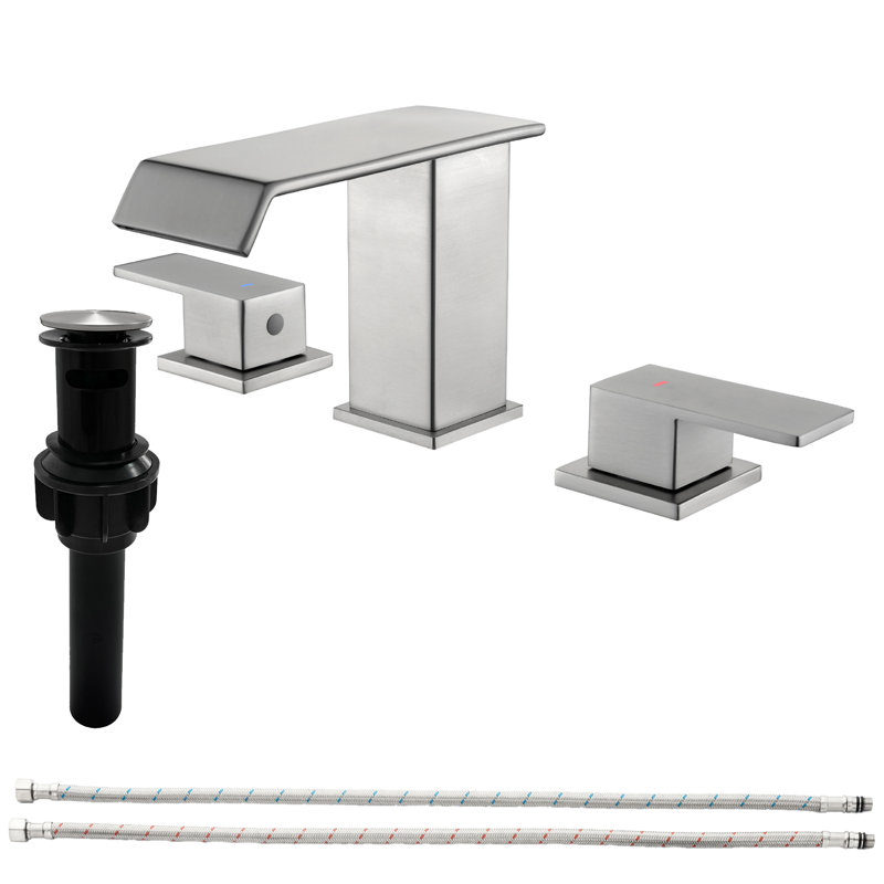 Waterfall 8 In. Widespread Double-Handle Bathroom Faucet Set 3-Holes Vanity Sink With Metal Drain, Brushed Nickel