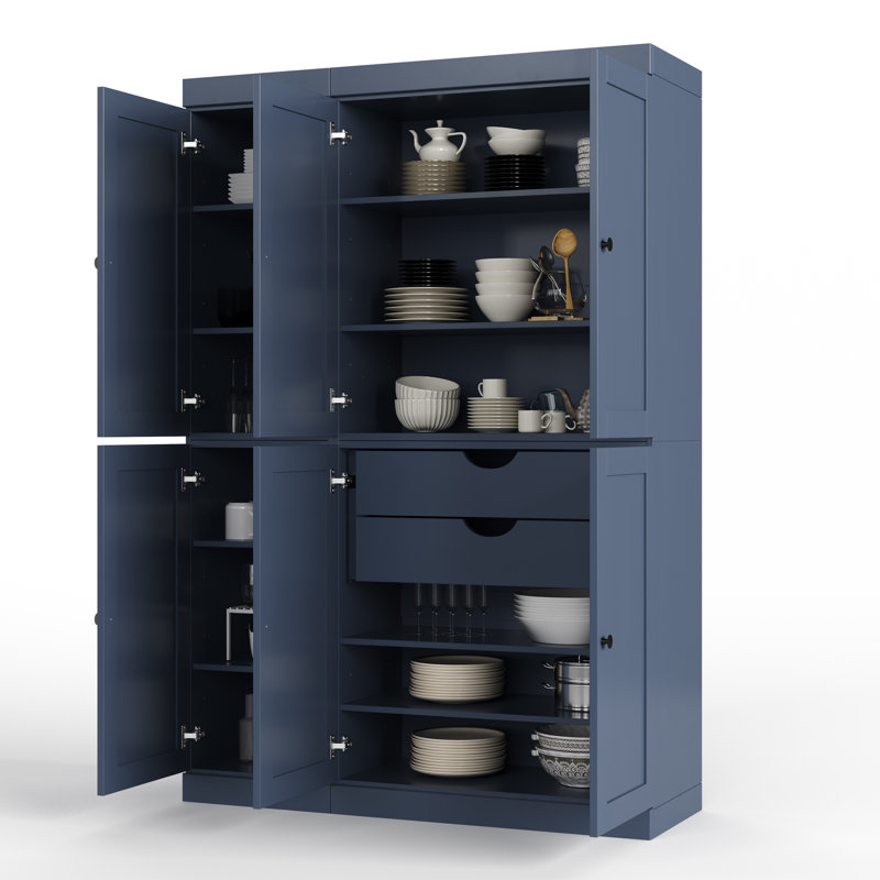Garde-manger 100% bois massif 48,5 po avec portes Shaker, 2 tiroirs et tablettes réglables, Bleu antique