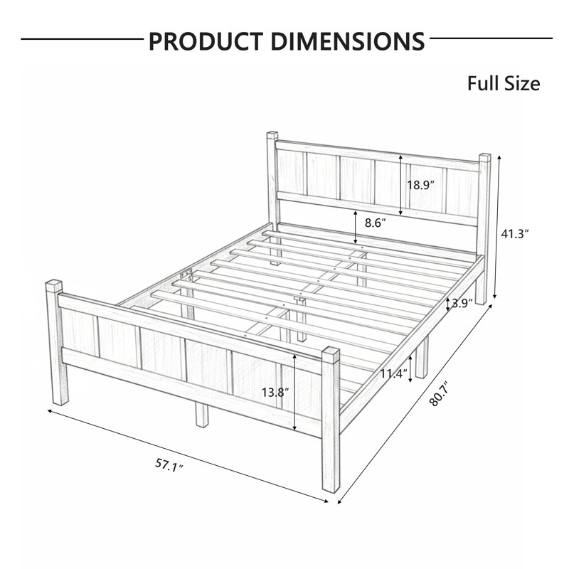 Farmhouse Bed Frame with Headboard and Footboard, Wood Platform Bed with Tall Legs and Underbed Storage, No Box Spring Needed, Walnut, Full
