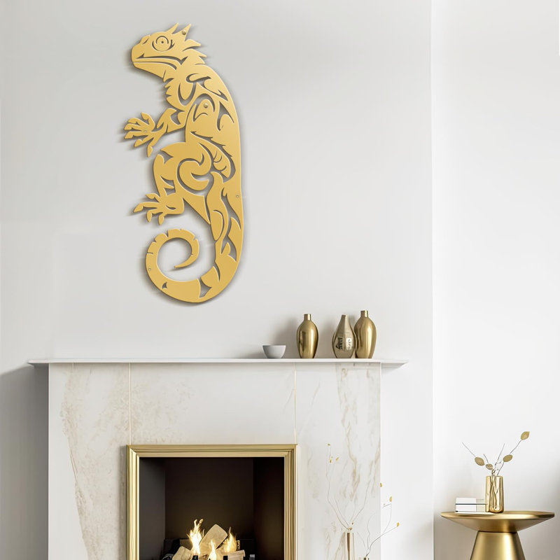 Lézard animal moderne abstrait sculpture murale décorations murales salon, H 36 po x l 12 po x P 0,05 po, Or
