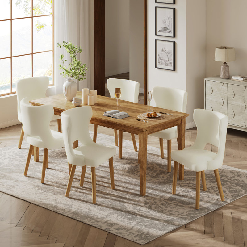Piscoya Mid-century Modern Upholstered Dining Chairs With Solid Wood Legs (Set of 6), Ivory