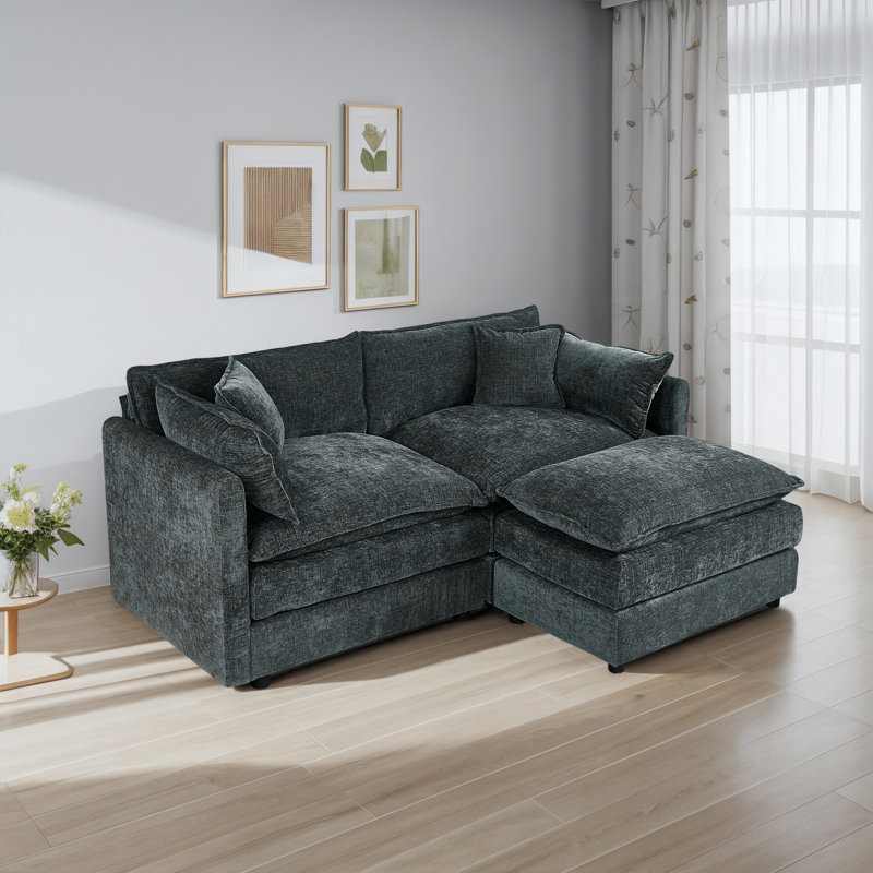 Canapé-lit en chenille moderne avec repose-pieds, Gris chenille, H 33,85 po x l 77,16 po x P 35,82 po