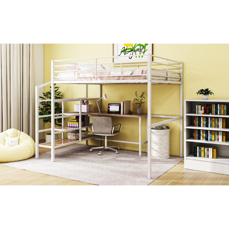 Lit mezzanine en métal blanc avec bureau et rangement latéral, Blanc