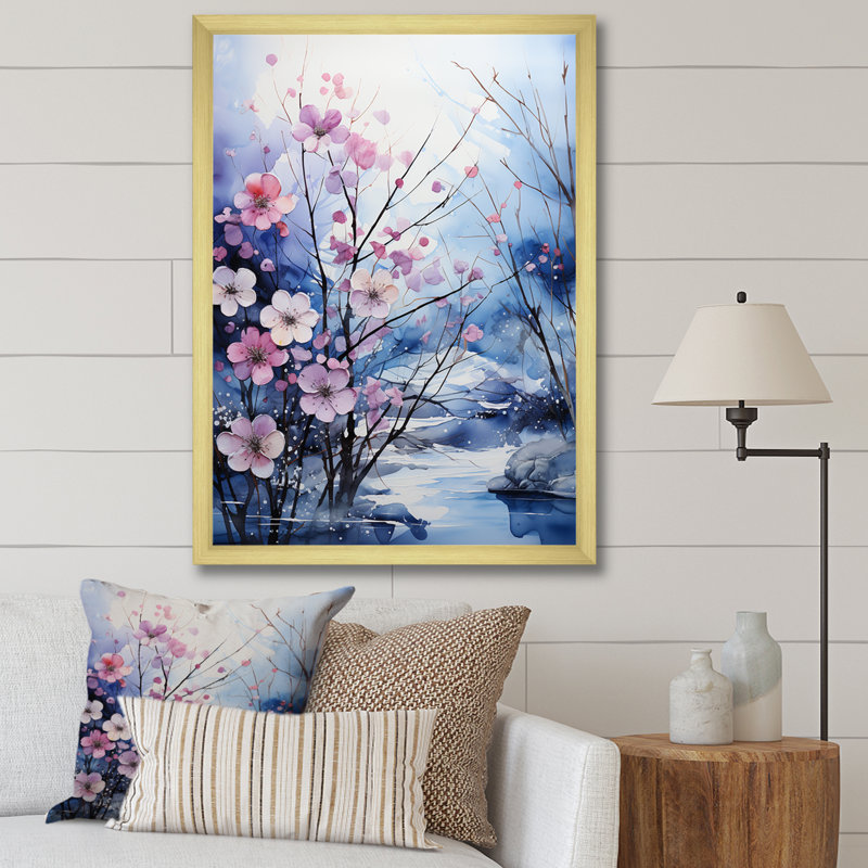 Paysage de rivière bleue givrée, Cadre doré simple, H 32 po x l 24 po x P 1 po