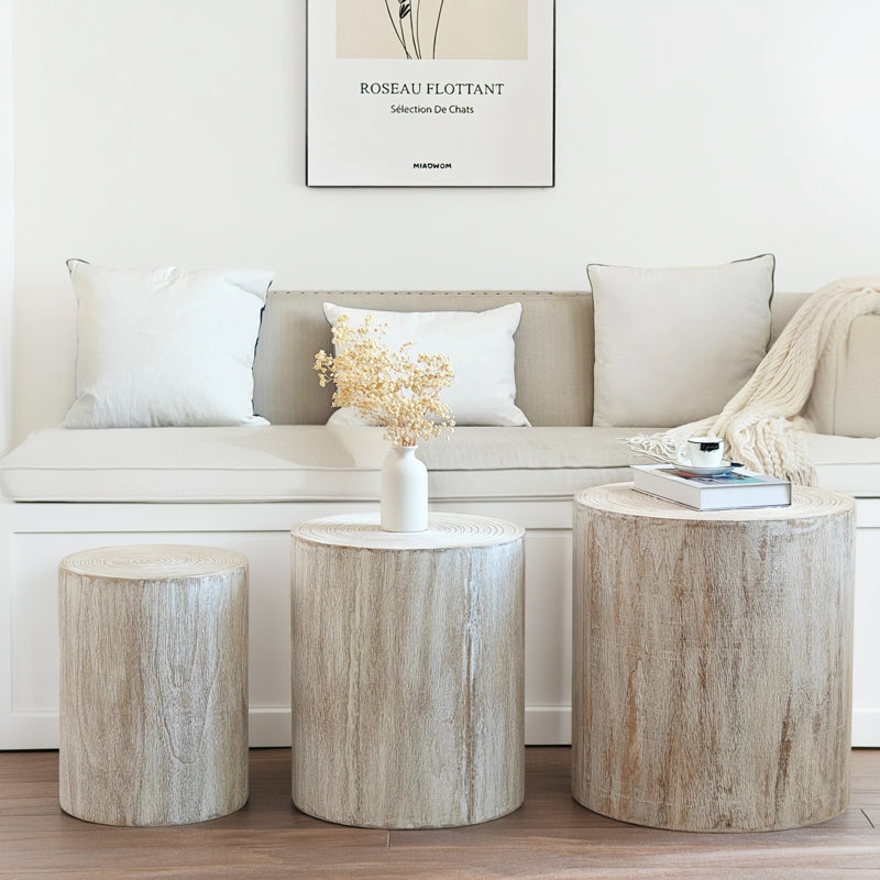 Ensemble de 3 tables basses rondes en bois, tables de bout, supports à plantes et pièces décoratives - finition bois blanchi