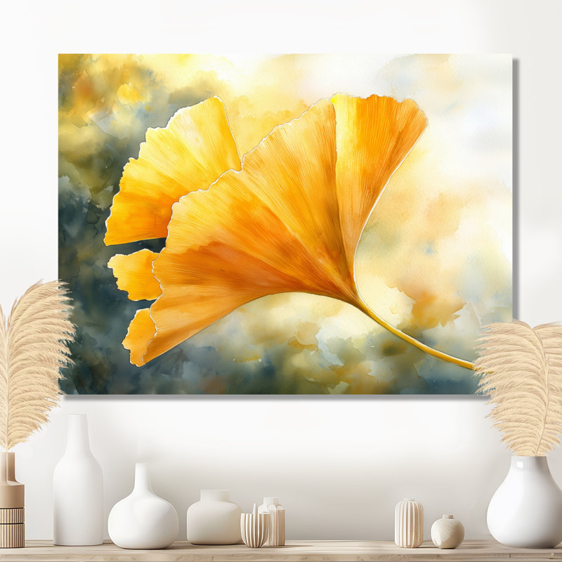 Golden Ginkgo Leaf I - feuilles, impressions sur métal, H 30 po x l 40 po