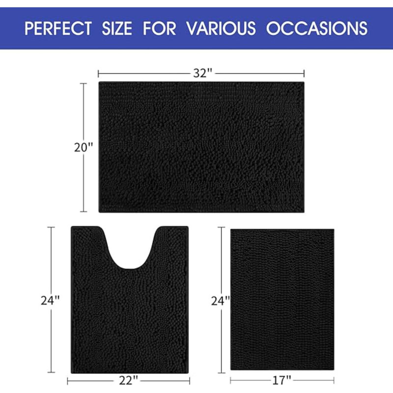 Ensemble de tapis de salle de bain rayé noir ultra doux et antidérapant en chenille pour salle de bain 3 pièces