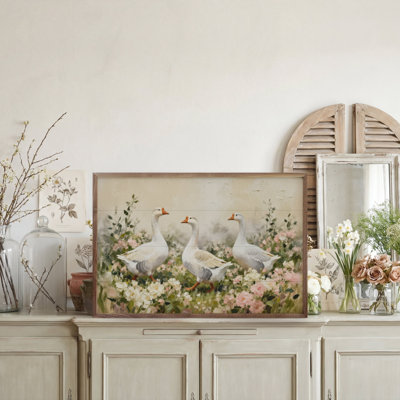White Geese In Pink And White Flowers